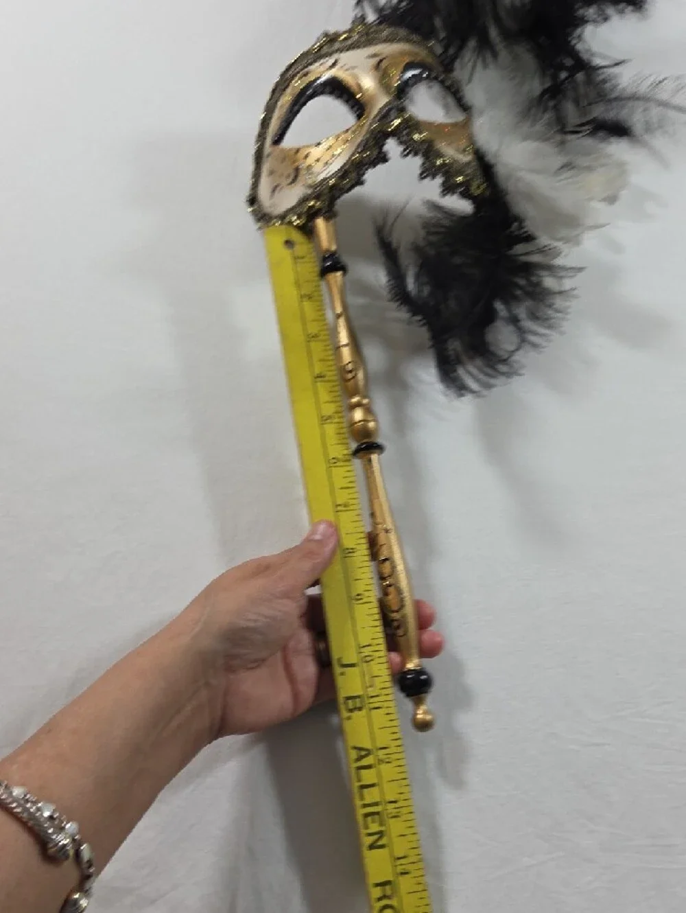 Gold Handheld Masquerade Leather Mask Black White Feathers Italy Handpainted